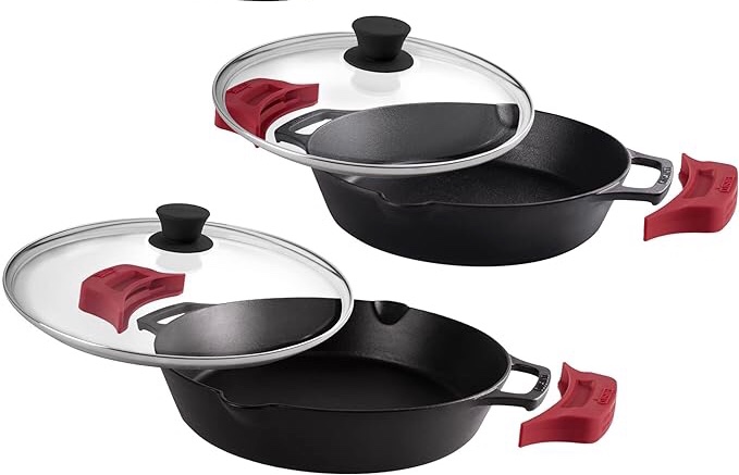 Cast Iron Skillet Set -10"+12"-Inch Dual Handle Frying Pans + Glass Lids + Silicone Handle Holder Covers - Pre-seasoned Oven Safe Cookware - Indoor/Outdoor Use - Grill, Stovetop, Induction Safe 10"+12" Braiser + Glass Lid