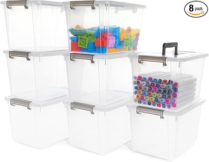 Citylife 8 Packs 5.3 QT Plastic Storage Bins with Latching Lids Clear Storage Box with Handle Stackable Storage Containers for Organizing Toys, Crafts, Legos, Tools
