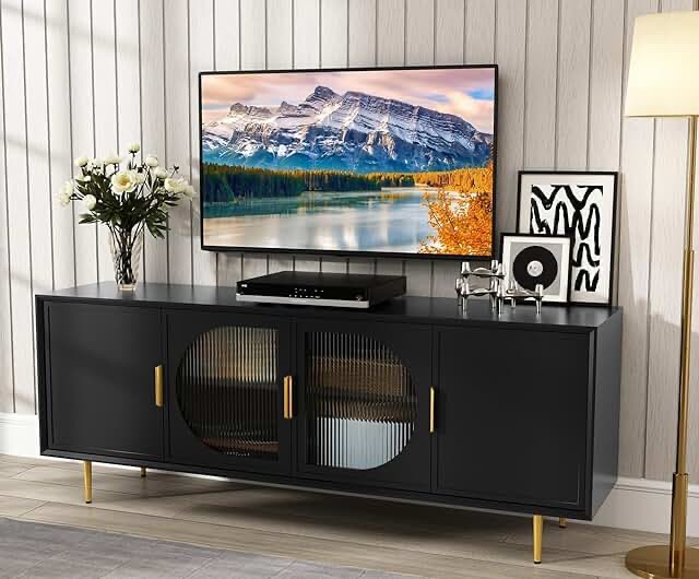 ARTPOWER Modern TV Stand for 70 inch TV, Black TV Console with 4 Glass Doors, Entertainment Center with Storage Cabinet, Wood Media Cabinet with Gold Leg, 65” TV Stands for Living Room