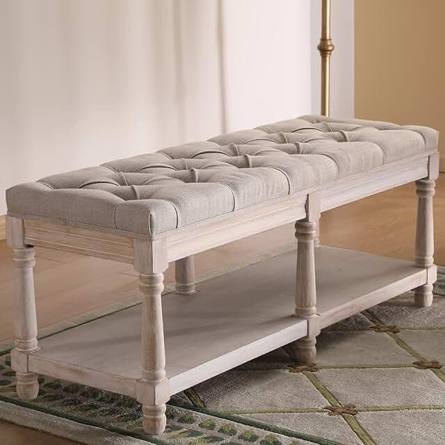 Mid Century Tufted Storage Bench with Shelf, Linen Upholstered Farmhouse Entryway Shoe Bench Ottoman Bed End Stool with Padded Seat, Rustic Bench for Bedroom Living Room Dining Room, Beige