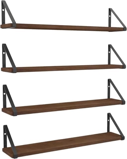 Wallniture Ponza Floating Shelves for Wall, 24" Rustic Wood Wall Shelves for Bedroom Decor, Living Room Book Shelves, Kitchen Organization Walnut Set of 4