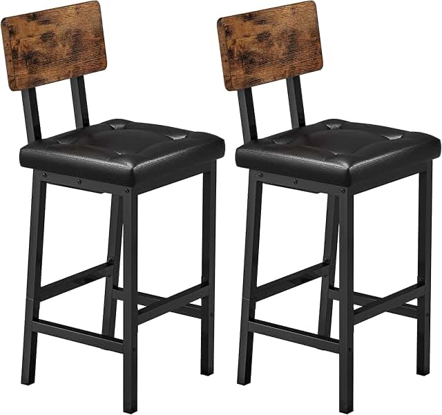 VASAGLE Bar Stools, Set of 2 PU Upholstered Breakfast Stools, 29.7 Inches Barstools with Back and Footrest, Simple Assembly, for Dining Room Kitchen Counter Bar, Rustic Brown and Black ULBC059B81