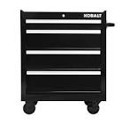 Kobalt 4-Drawer mobile cabinet  600-lb total The cabinet features four drawers with full-extension slides for smooth operation, and a total weight capacity of 600 lbs. This Kobalt 4-Drawer Steel Rolling Tool Cabinet is listed as used due to the missing key and some cosmetic damage, including scratches on the surface.