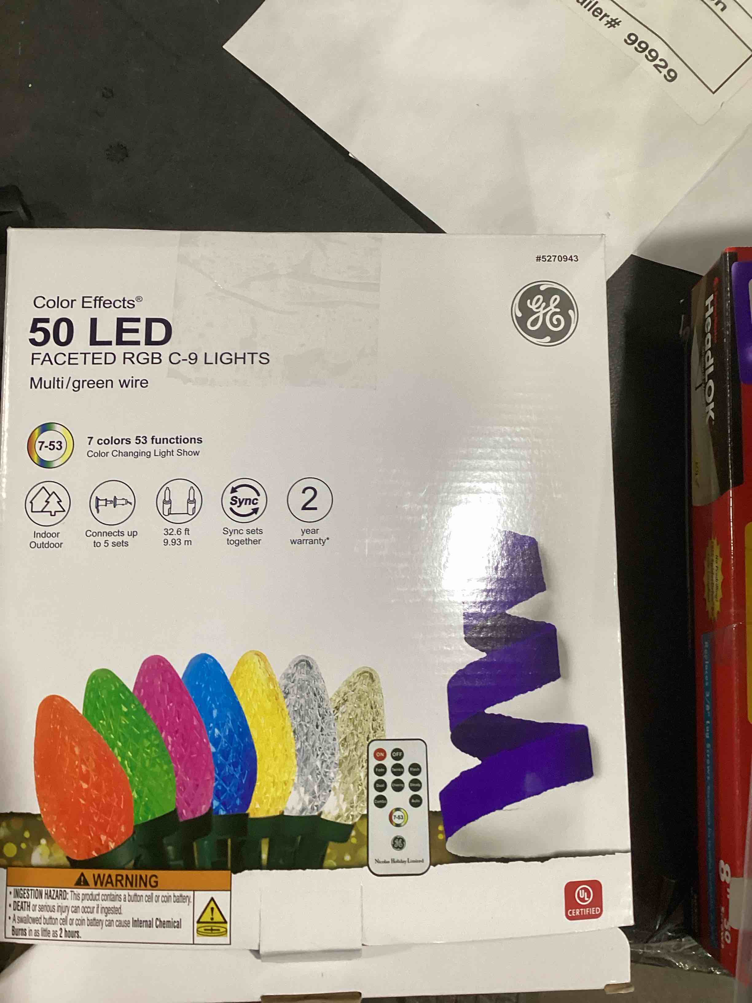 Color Effects 50 Led FacetedRGB C-9 Lights GE Color Effects LED C9 faceted 50-count RGB light set. Use the remote control to choose between 7 colors, 53 functions, and 8 operating modes with sync for a color changing light show. 24-Inch lead wire, 8-inch bulb spacing, 4-inch end connector, 32.6-feet lighted length, and green cord set. Available only at Lowe's. GE
