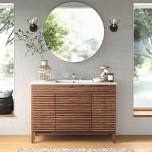 Render 48”Single Bathroom Vanity The Render 48'' Bathroom Vanity features a durable MDF and particleboard frame with smooth walnut grain laminate, four tapered wood legs, and ample under sink storage space in full-extension drawers and behind soft-close hinged doors.