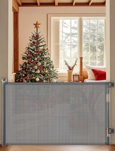 Cumbor Baby Gate Retractable Gates for Stairs, Mesh Dog Gate for The House, Wide Pet Gate 33" Tall, Extends to 55" Wide, Long Child Safety Gates for Doorways, Hallways, Cat Gate Indoor/Outdoor(Gray)