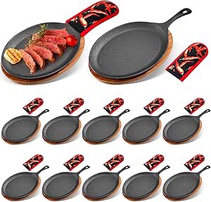Lallisa 8 Sets Cast Iron Fajita Plate Set Fajita Plate Sizzler Pan with Wooden Tray Anti Scald Protection Hot Mitt Cast Iron Skillet Set for Home Barbeque Kitchen Party Restaurant Catering Service