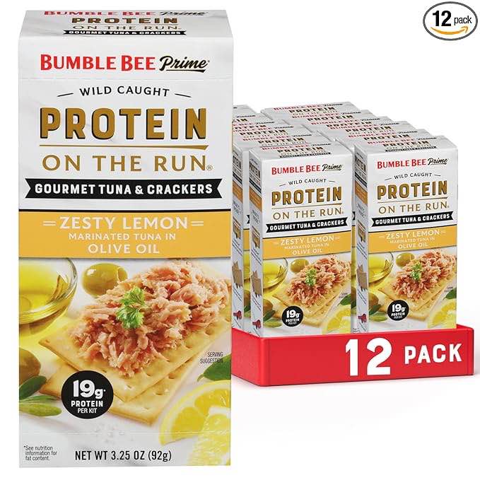 Bumble Bee Prime Protein on the Run Tuna Snack Kit, Pack of 12 - Gourmet Tuna Marinated in Olive Oil & Zesty Lemon with Crackers and Serving Utensil - 19g of Protein Per Serving