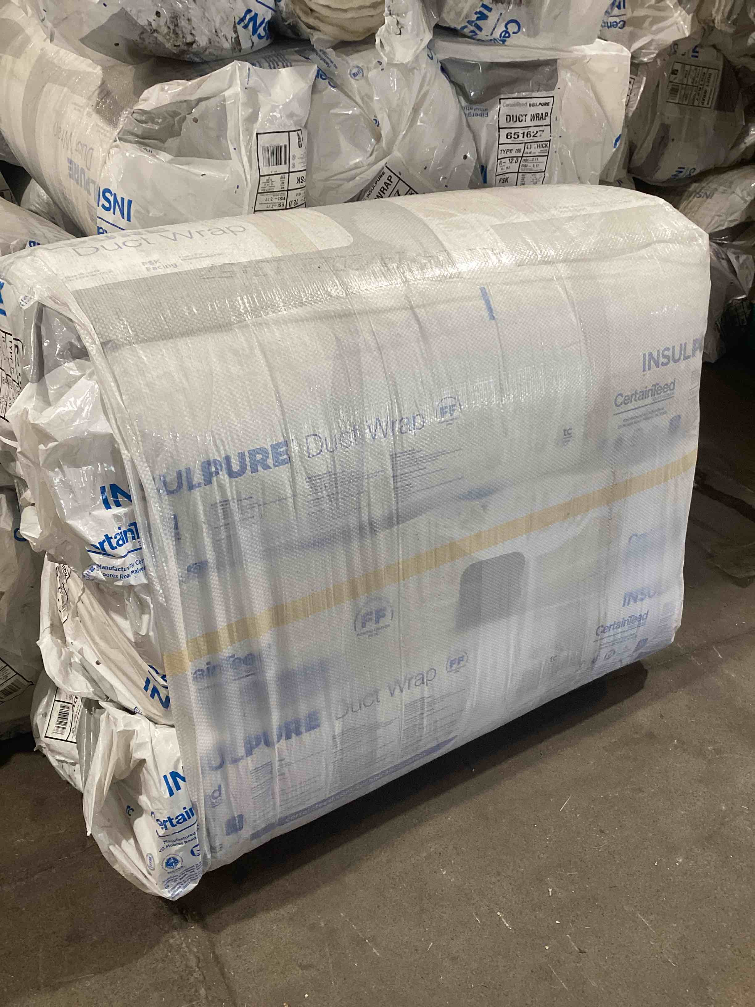 Certainteed Insulpure Duct Wrap. Type 75. 4.5” thick. 48” wide. 40’ long. 160 sq ft per roll. 3 rolls to a bundle.