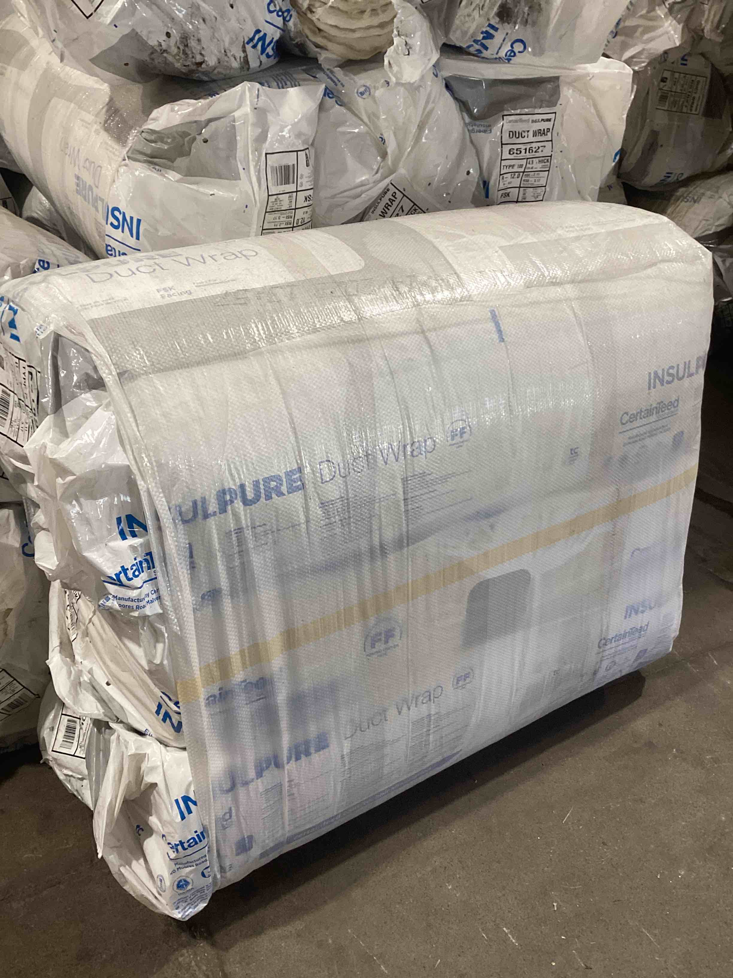 Certainteed Insulpure Duct Wrap. Type 75. 4.5” thick. 48” wide. 40’ long. 160 sq ft per roll. 3 rolls to a bundle.