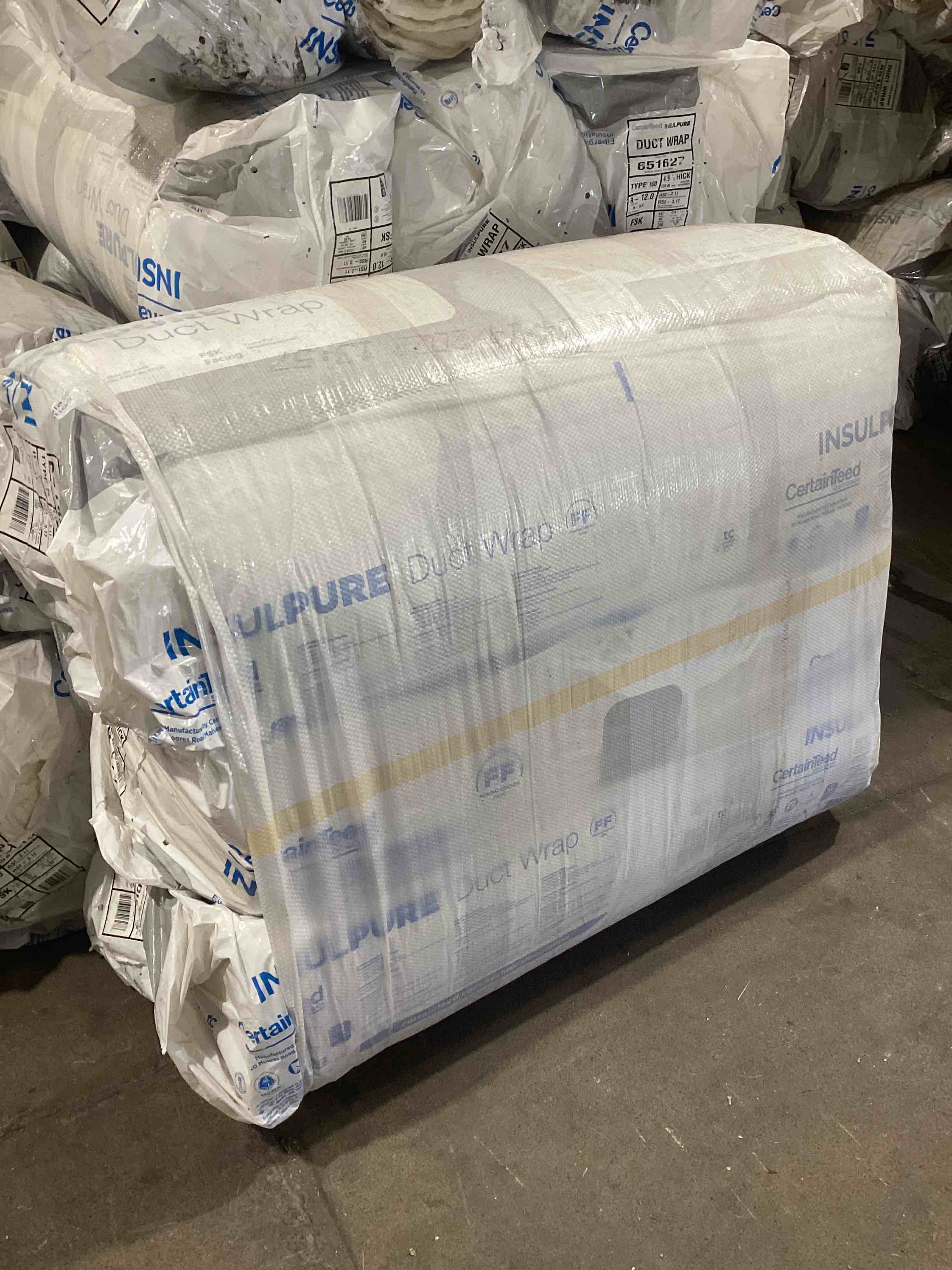 Certainteed Insulpure Duct Wrap. Type 100. 4.9” thick. 48” wide. 40’ long. 160 sq ft per roll. 3 rolls to a bundle.