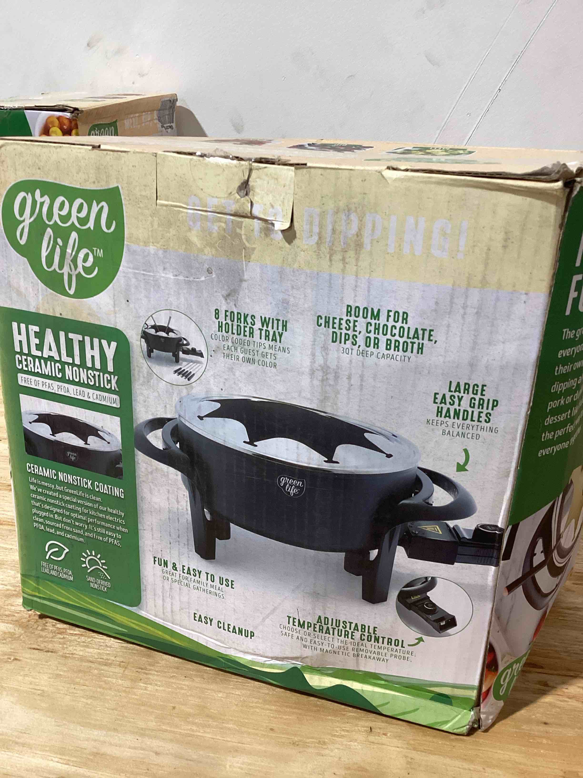 GreenLife 14 Cup Electric Fondue Maker Pot Set For Cheese, Chocolate, and Meat, 8 Color Coded Forks, Healthy Ceramic Nonstick, Adjustable Temperature Control, PFAS-Free, Black