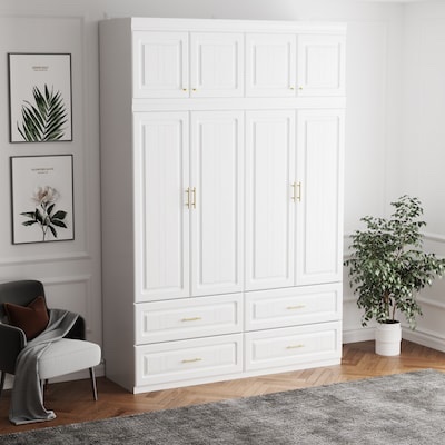 White 8-Door Big Wardrobe Armoires with Hanging Rod, 4-Drawers, Storage Shelves 93.9 in. H x 63 in. W x 20.6 in. D. Box 1 of 2 Only!