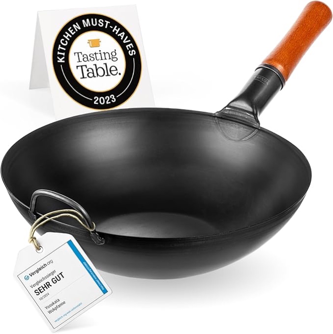 YOSUKATA Carbon Steel Wok Pan – 13,5 “ Stir Fry Pans with Flat Bottom Pow Wok - Traditional Japanese Pan Black Carbon Steel