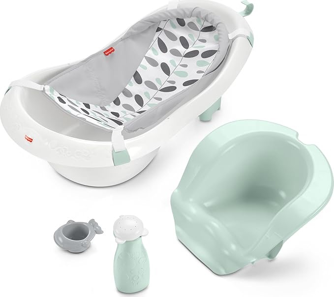 Fisher-Price Baby to Toddler Bath 4-in-1 Sling ‘n Seat Tub with Removable Infant Support and 2 Toys, Climbing Leaves