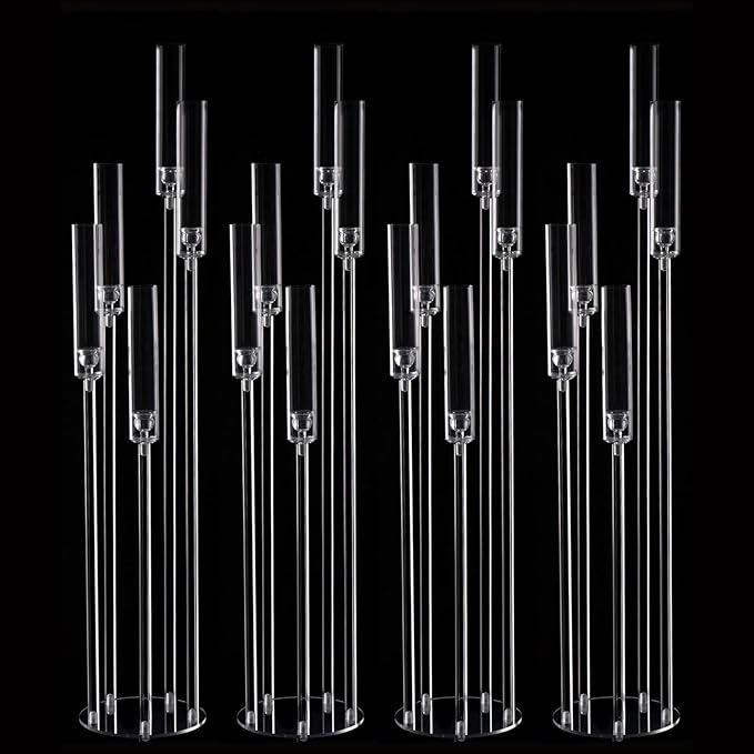 4Pcs 5 Arm Candelabra Acrylic Floor Candelabra for Wedding,45.7inch Tall Clear Candle Holders for Ceremony Birthday Party Home Decoration Fit 0.8 LED Candles