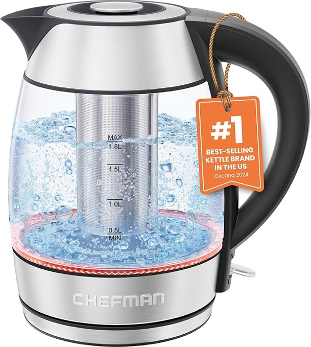 Chefman Electric Kettle, 1.8L 1500W, Hot Water Boiler, Removable Lid for Easy Cleaning, Auto Shut Off, Boil-Dry Protection, Stainless Steel Filter, BPA Free, Borosilicate Glass Electric Tea Kettle