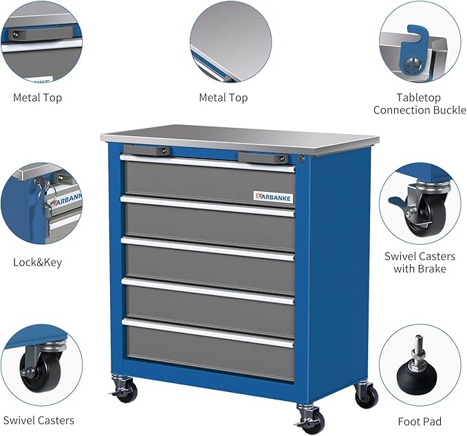 7-Drawer Rolling Toolbox,Tool Box with 360° Lockable Wheels and Padded Feet,Tool Chest with Keyed Locking System and Drawer Liners,can be Combined Storage System with Tool Chest