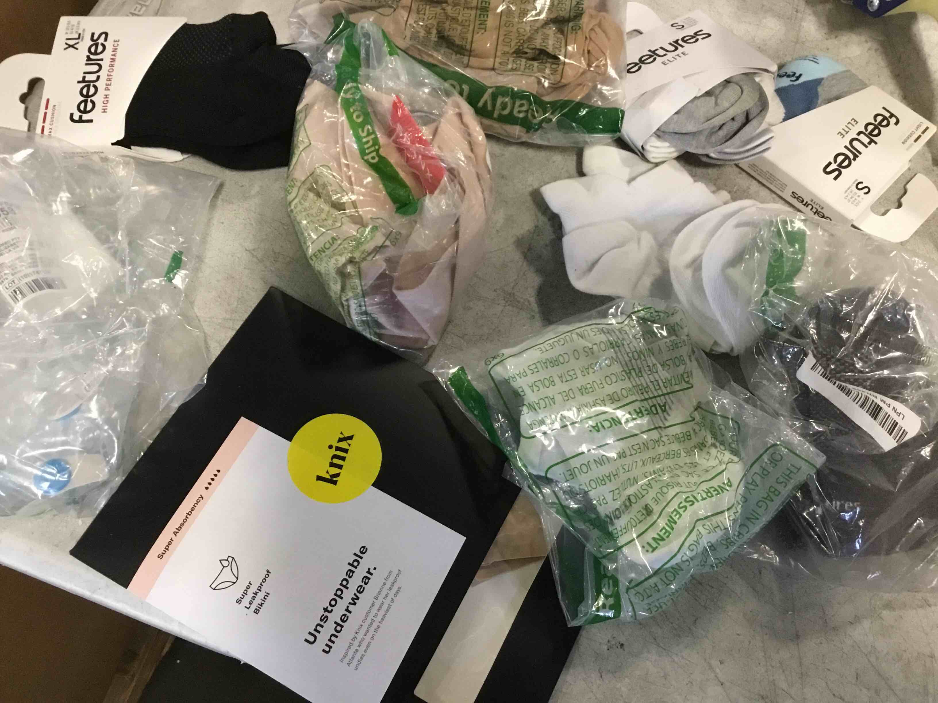 Assortment of 10 several products including Airfit F30 Frame SYS, knik super leakproof Bikini, SPANX Panties and Socks