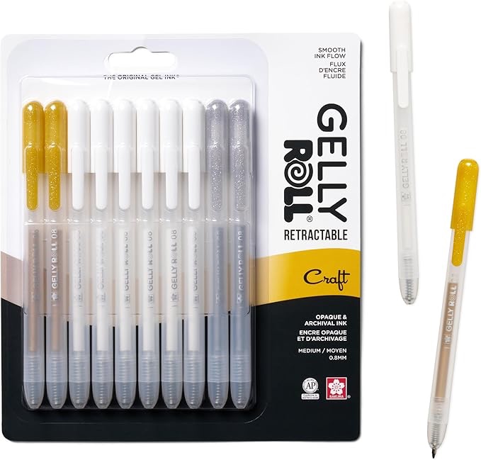 SAKURA Gelly Roll Retractable Gel Pens Colored - Opaque Color Set - Medium Point Ink Pen for Journaling, Art, or Drawing - Colored Gel Pens with White, Gold & Silver Ink - 10 Pack