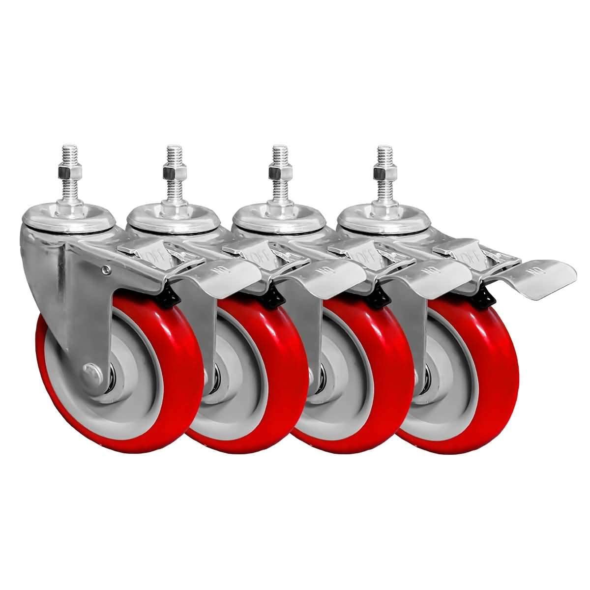 FSET OF 8. FACTORDUTY 5 INCH REDCASTER WHEELS WITH BRAKE DUAL LOCKING 3/8-1.2 THREADED STEM