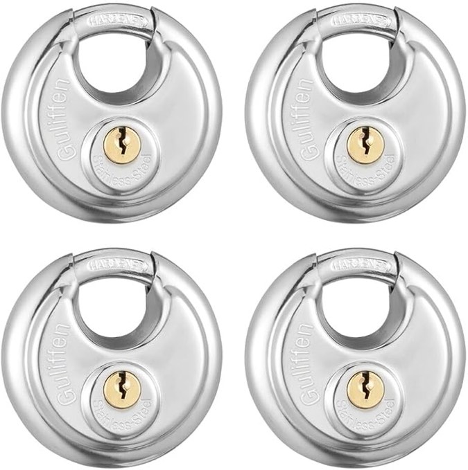 Keyed Alike Discus Padlocks,Stainless Steel Disc Padlock with Key for Storage Unit, Sheds, Garages and Trailer,4 Pack Locks with Keys