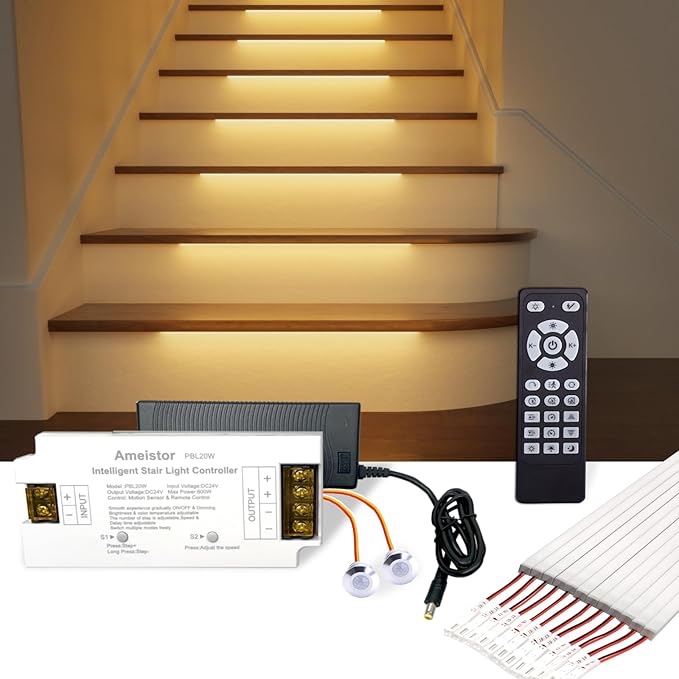 Intelligent Motion Sensor Stair Lights Indoor, LED Step Lights Staircase Lighting Kit with Remote Control, 20.4 Inch Aluminum LED Light Bar, Dimmable, 3000K-6000K (16 Stairs)