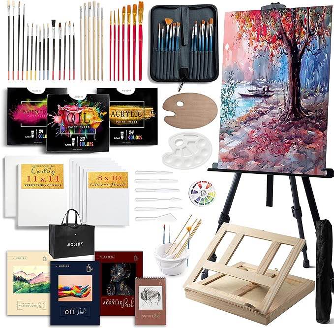 Large Deluxe Artist Painting Set, 139-Piece Professional Art Paint Supplies Kit w/Aluminum Field & Wood Table Easel for Adults, Acrylic, Oil, Watercolor Paints, Brushes, Canvases, Sketch Pads & More