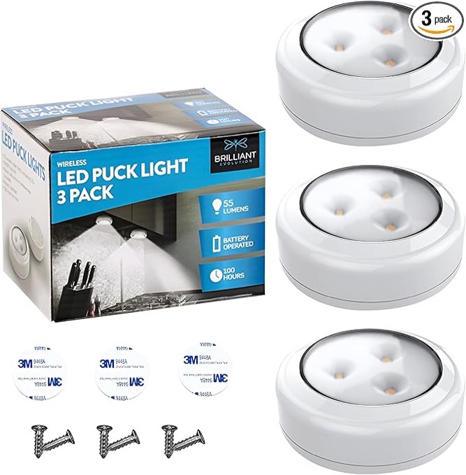 Bright Evolution Under Cabinet Lights - Battery Operated Cabinet Lighting with Tap Technology - LED Puck Lights for Kitchen - Stick On Lights for Shelves and Closets - Wireless Lighting Solution