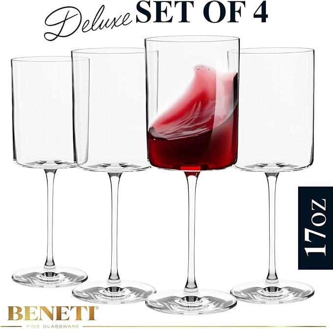 BENETI Square Crystal Wine Glasses Set Of 4 - European-made Handblown 14 oz Gift Packed Glasses - Large White & Red Wine Goblets W/Laser-cut Rim, Dishwasher-safe Clear glass gifts Set