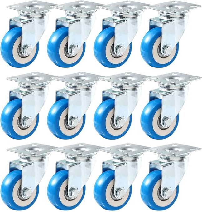 12 Pack Caster Wheels Swivel Plate Casters On Blue Polyurethane Wheels PU