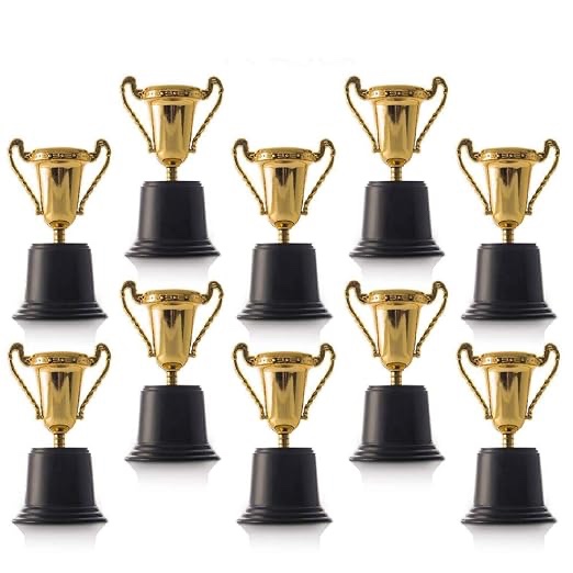 Kicko Plastic Trophies - 12 Pack - 5 Inch - Golden Metallic Bulk Trophies for Kids, Boys and Girls Competition Cups, Awards, Party Favors, Props, Classroom Rewards, Prizes, Games, School Field Day