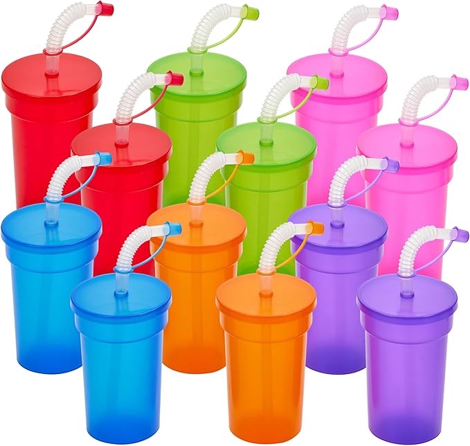 Neon Sipper Cups - 12 Oz. - Colorful, Spill-Proof Cups with Lids and Straws - Ideal for School Events, Themed Parties, and Birthday Celebrations - Party Supplies | 12 Pack