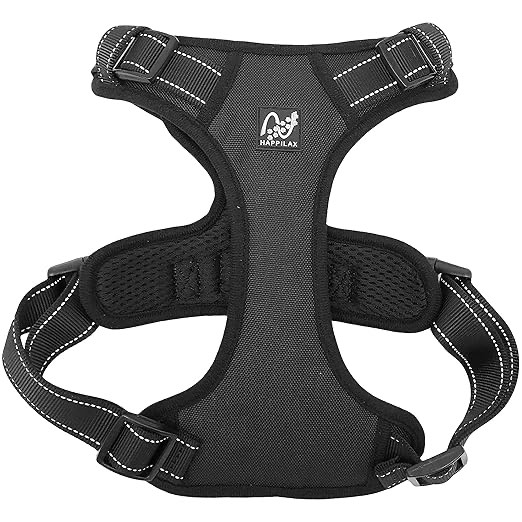 Happilax Padded and Reflective Dog Harness, Adjustable Chest Safety Vest, Black Harness for Medium Dogs, 62-82cm Size M
