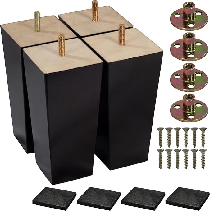 BARIEN (Set of 4) 6 inch Wood Furniture Legs - Square Sofa Legs, Couch Leg - Brown Mid-Century Modern Replacement Legs for Armchair Recliner Coffee Table Dresser (6" - Set 4)