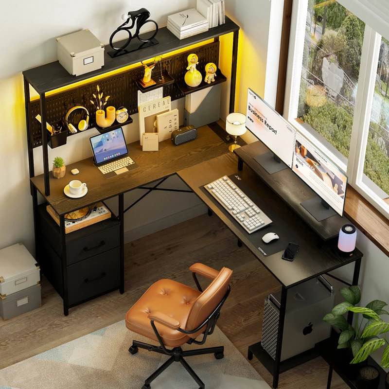 Reversible L-Shape Office Desk with Cabinet & Power Outlets