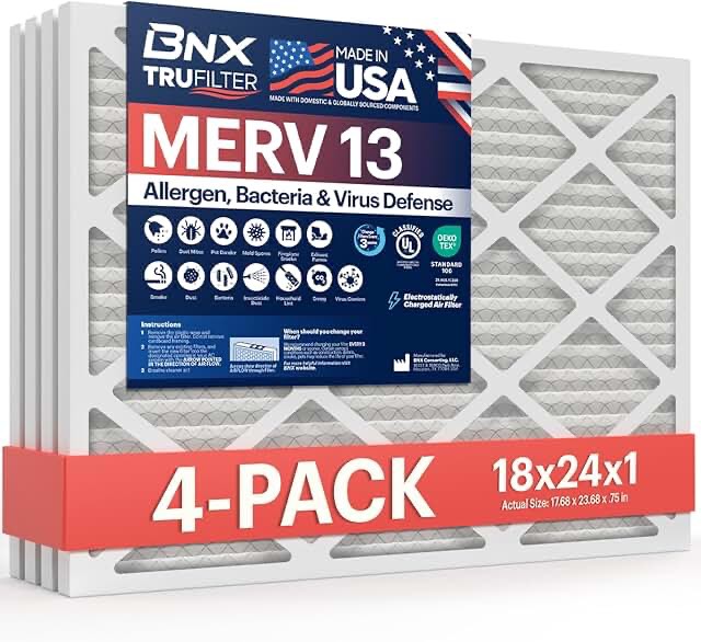 BNX TruFilter 18x24x1 Air Filter MERV 13 (4-Pack) - MADE IN USA - Electrostatic Pleated Air Conditioner HVAC AC Furnace Filters for Allergies, Pollen, Mold, Bacteria, Smoke, Allergen, MPR 1900 FPR 10