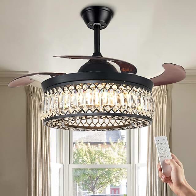 42 Fandelier Ceiling Fans with Lights and Remote, Modern Black Crystal Chandelier Fan with Reversible Motor 6 Speed, Industrial Smart Retractable LED Ceiling Fan for Bedroom Living Dinning Room