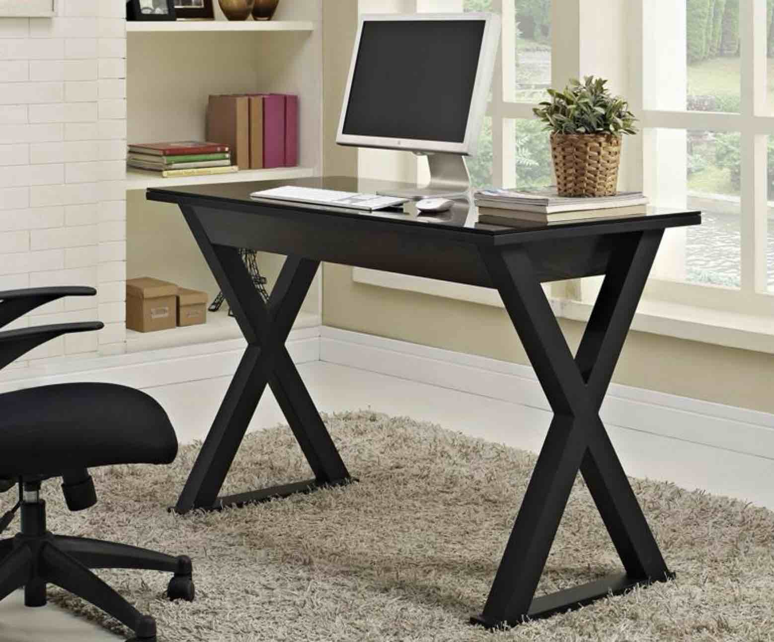 (DAMAGED) Walker Edison Lawrence Urban Industrial X Leg Glass Top Computer Desk, 48 Inch, Black