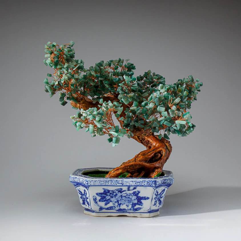 Genuine Green Aventurine Gemstone Bonsai Tree in Square Ceramic Pot (10.5” Tall)