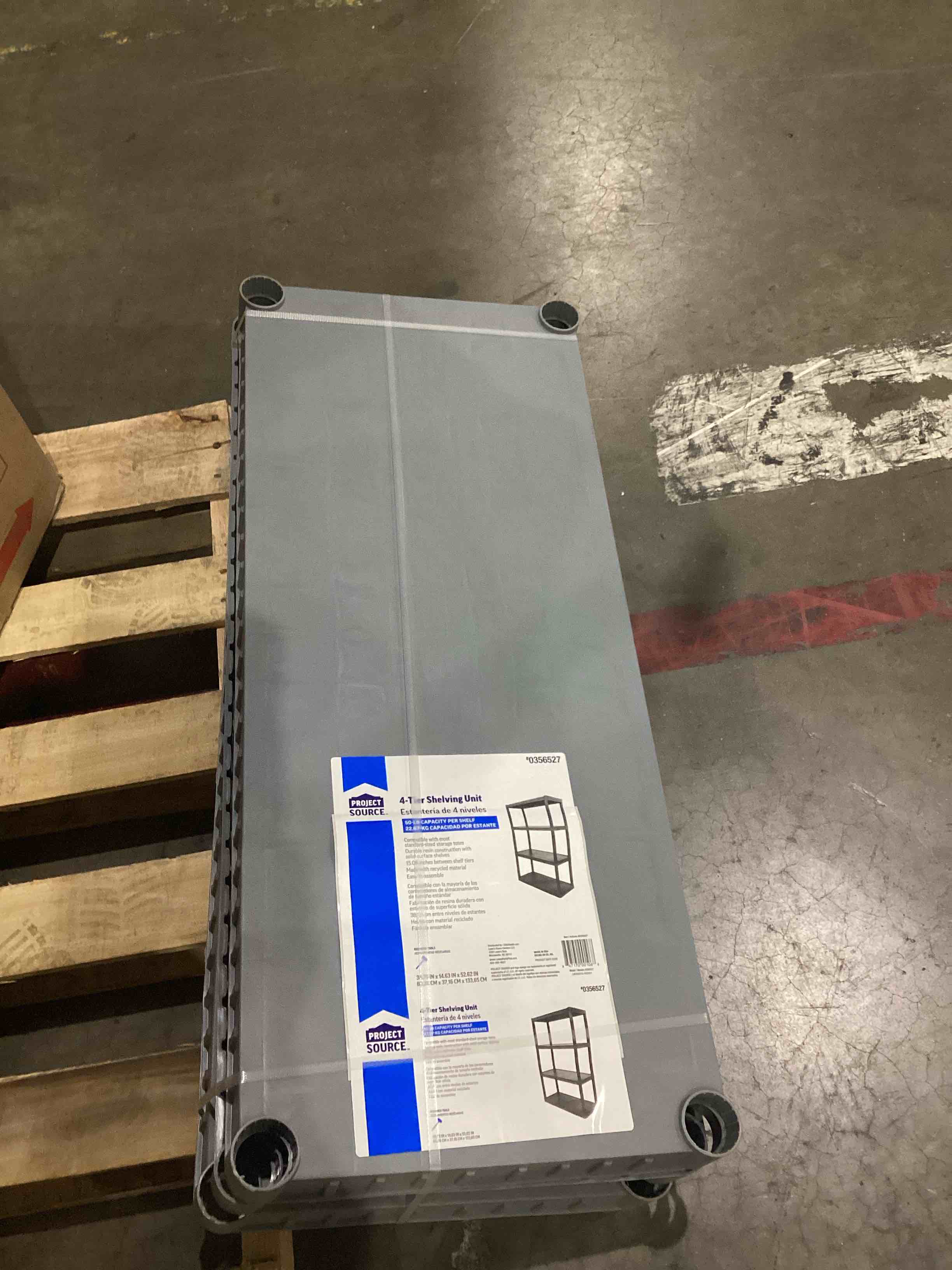 4-Tier Shelving Unit 50-LB CAPACITY PER SHELF 22,67-KG CAPACIDAD POR ESTANTE  Compatible with most standard-sized storage totes  Durable resin construction with solid-surface shelves  15.06 inches between shelf tiers  Made with recycled material Easy to assemble. 34.75 IN x 14.63 IN x 52.62 IN 88,26 CM x 37,16 CM x 133,65 CM