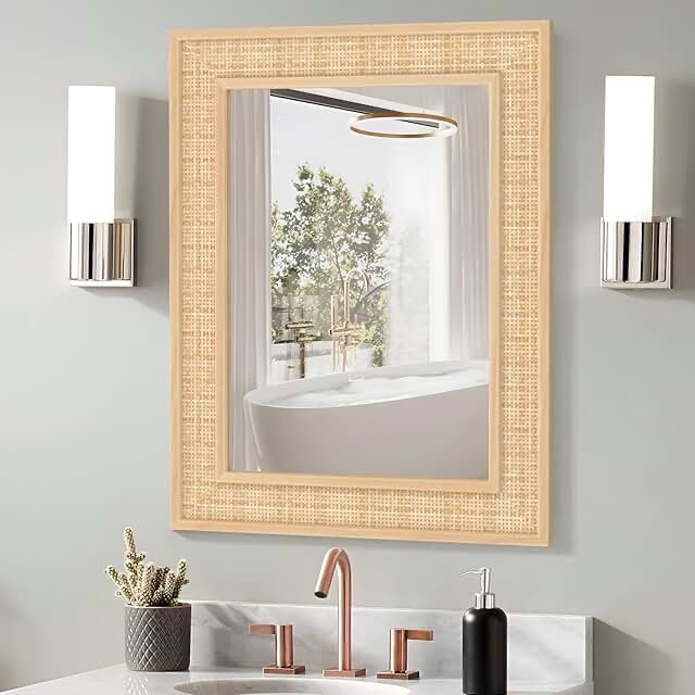 Rexford Natural Wood Rattan Mirror Farmhouse Wall Decoration