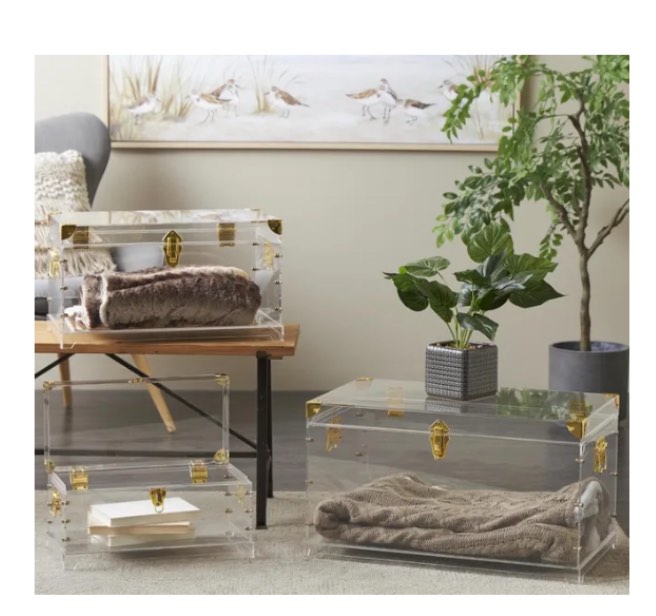 UMA Clear Acrylic Plastic Storage Decorative Trunk with Gold Metal Hardware and Studded Details, Set of 3 26", 22", 18"H | 13723