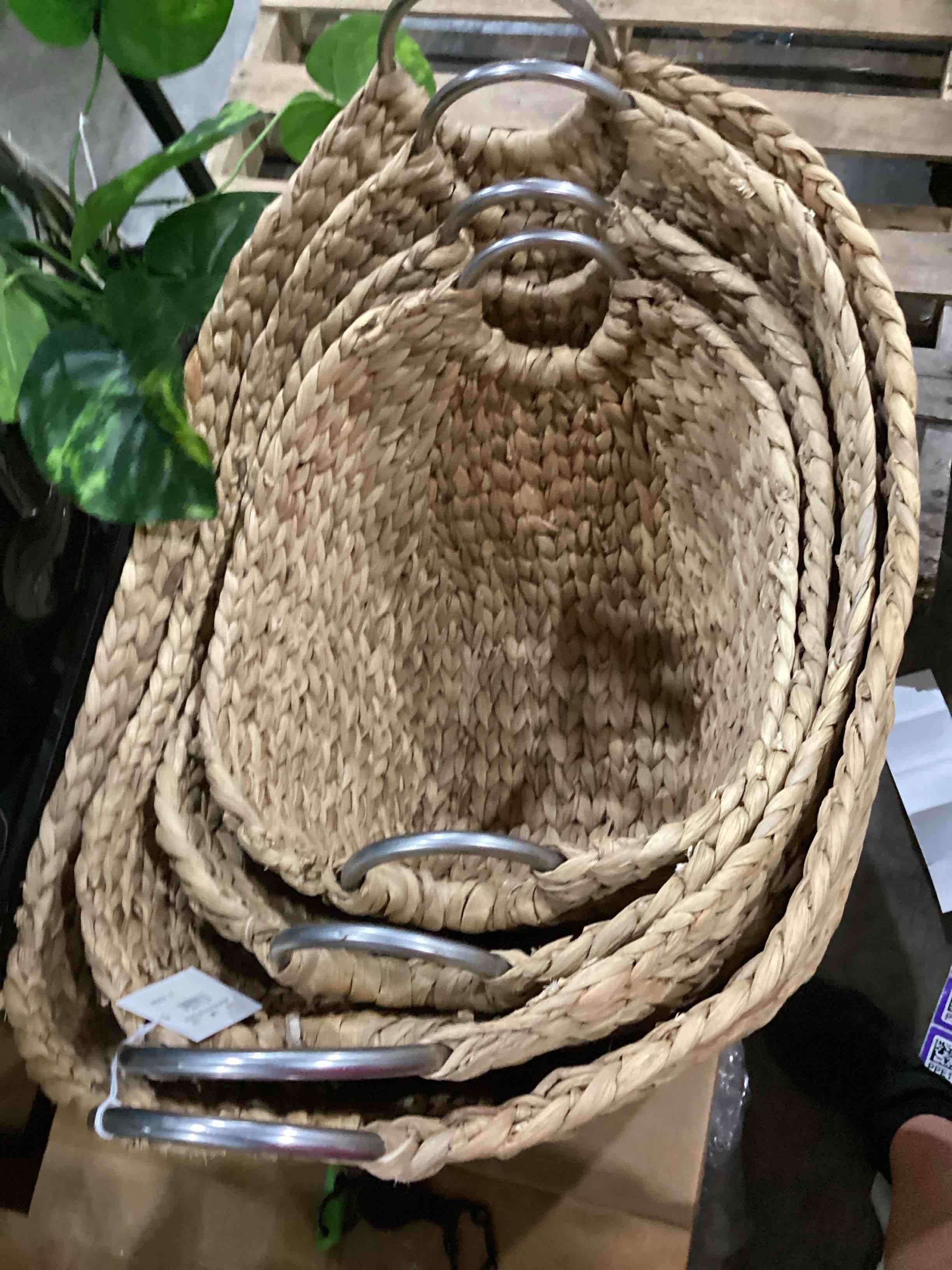 UMA Brown Seagrass Handmade Woven Curved Decorative and Functional Storage Basket with Silver Metal Handles, Set of 4