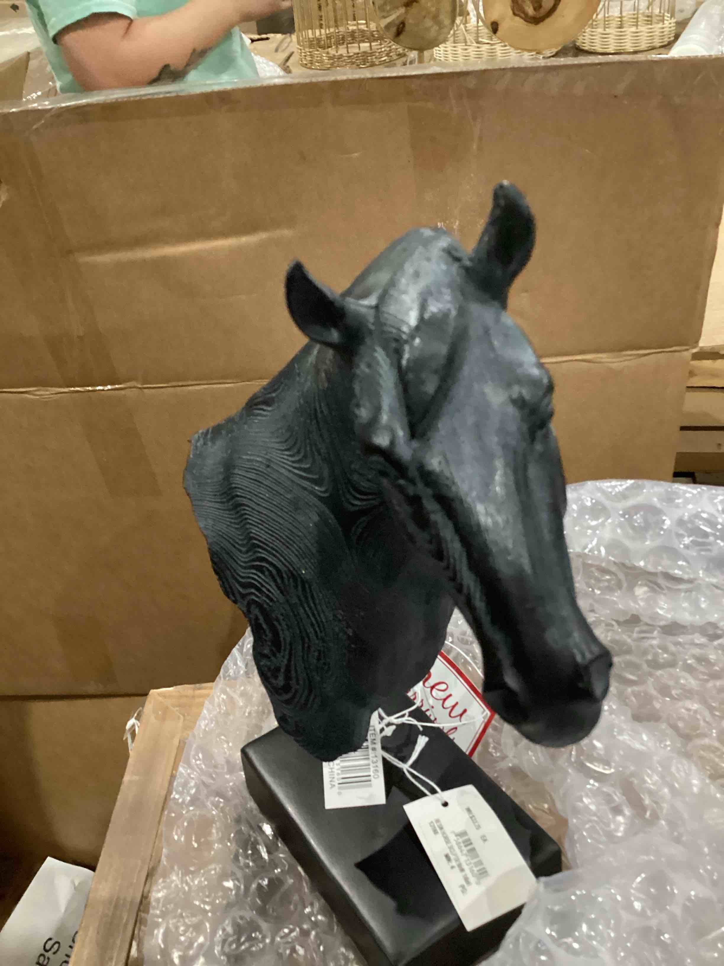 Black Resin Horse Decorative Sculpture with Black Rectangular Base, 9" x 4" x 14"