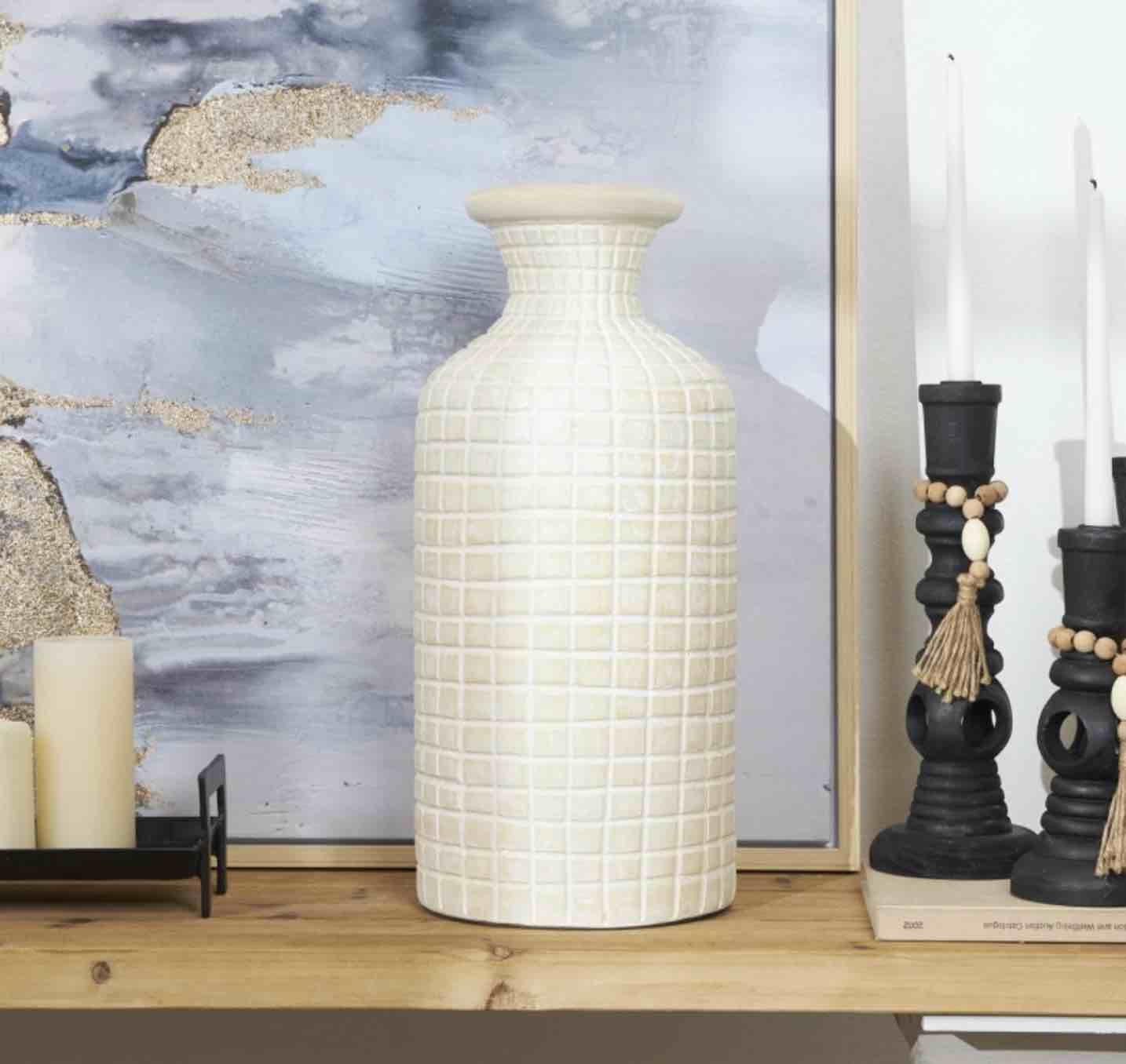 Cream Ceramic Geometric Textured Vase