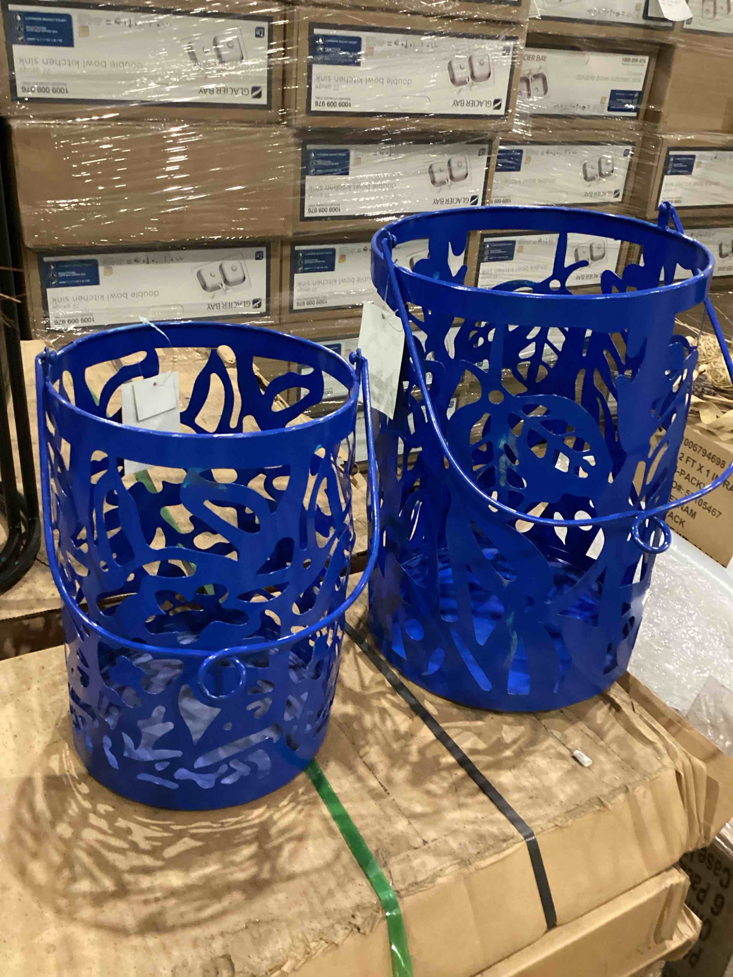 Decor 79 eclectic pierced blue metal lanterns set of 2