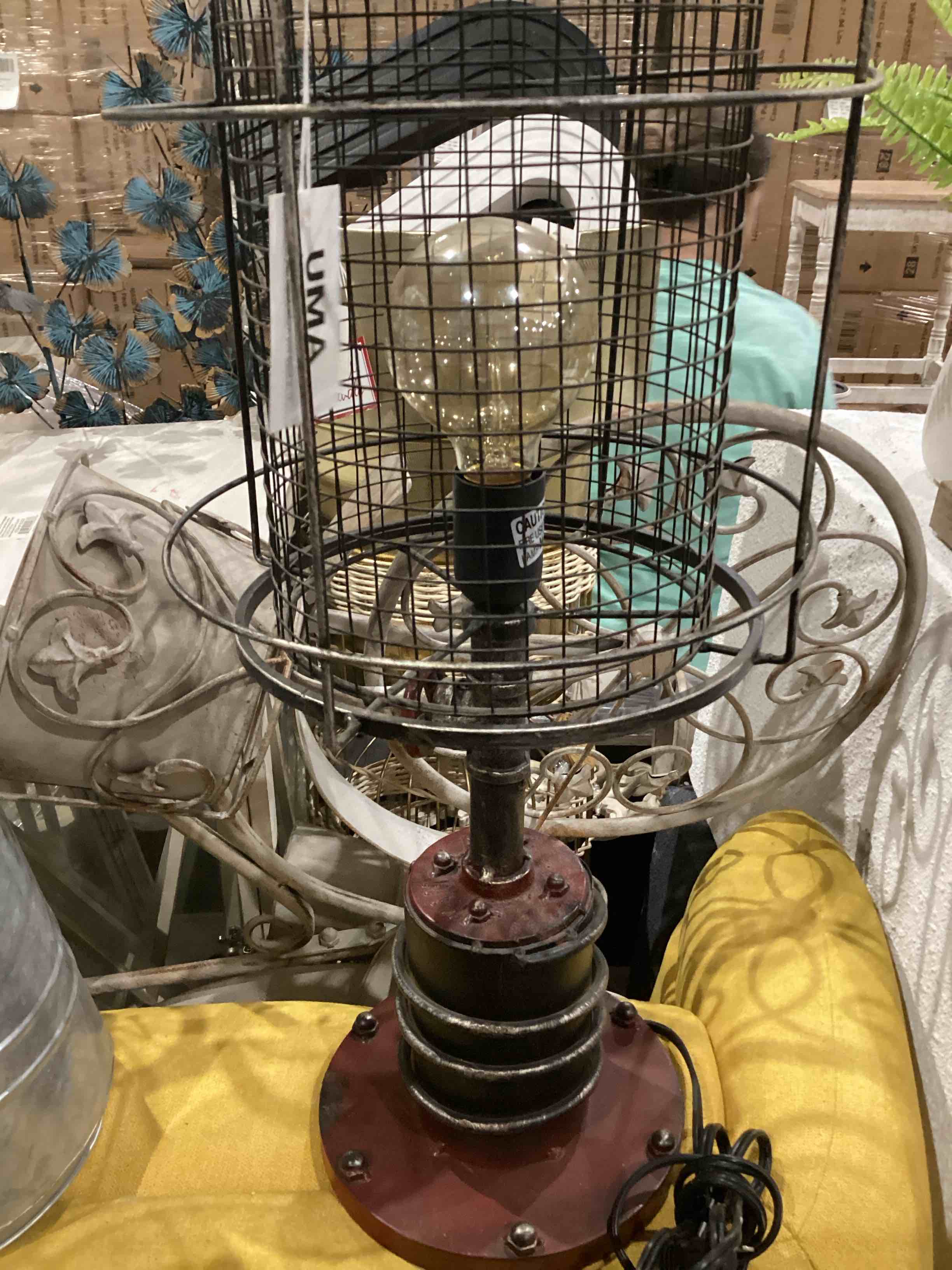 UMA Enterprise Red Accent Lamp with Wire Caged Lampshade