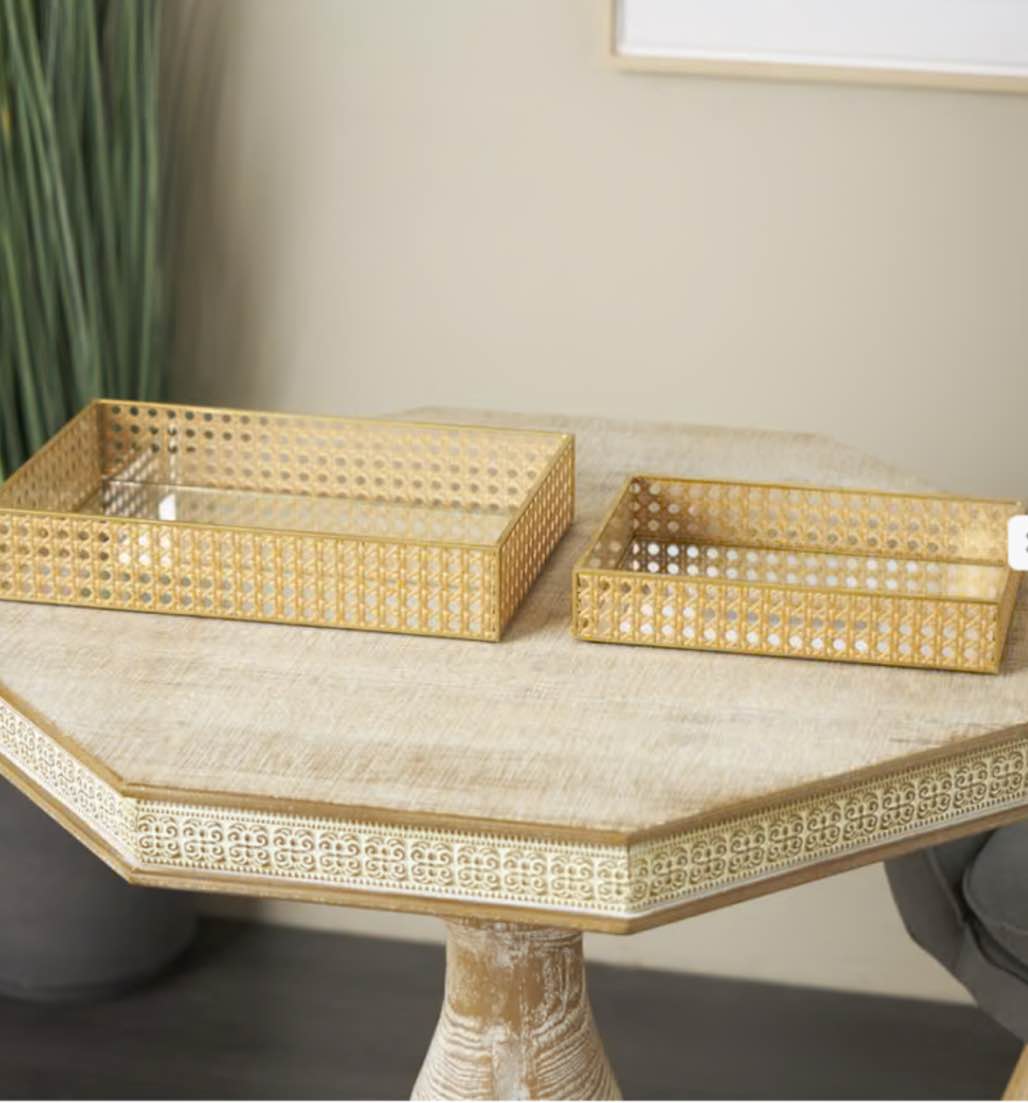 Brown Rattan Woven Living Room Decor Tray with Mirrored Glass Interior, Set of 2 13", 10"W
