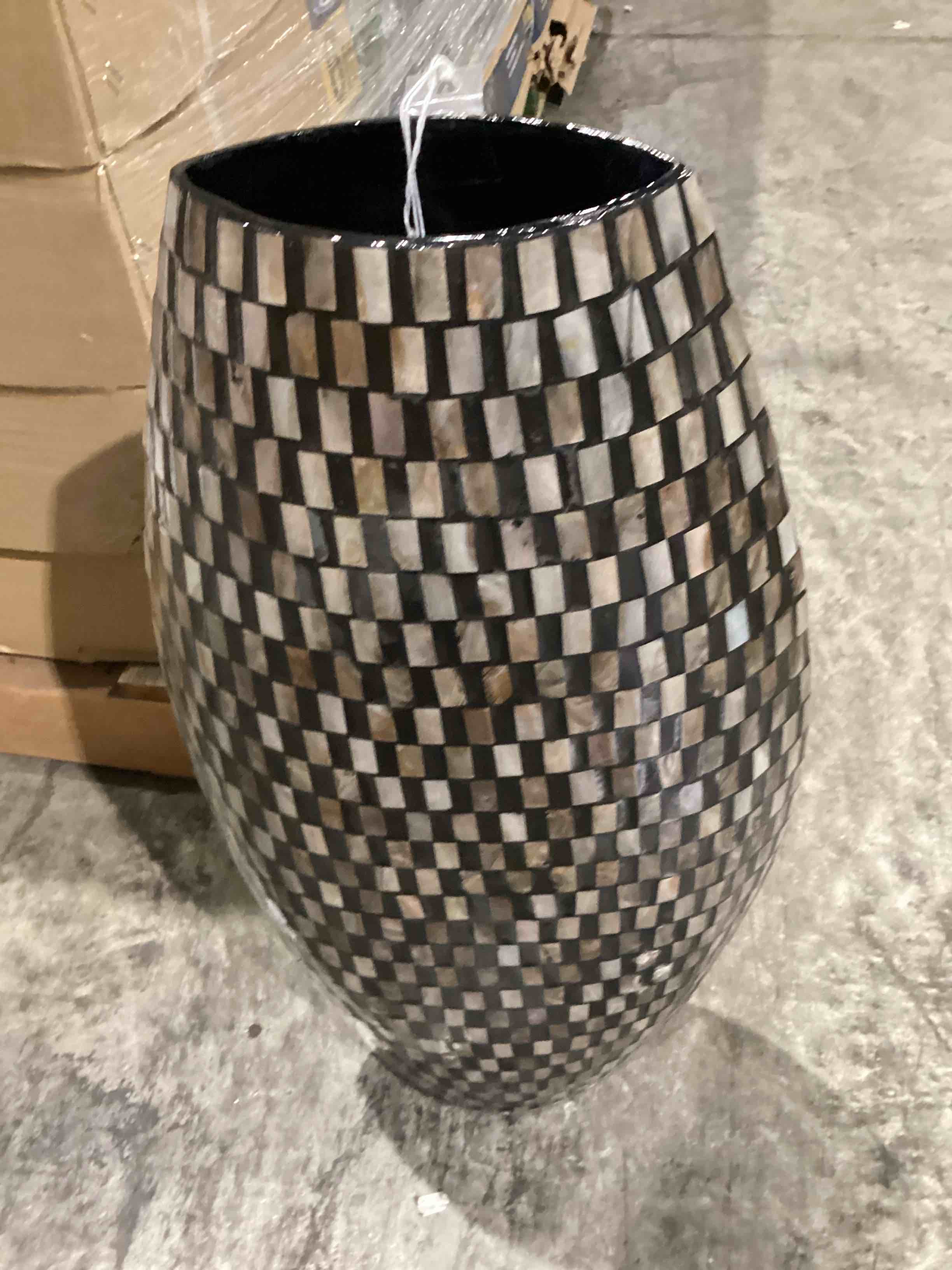 Black Mother of Pearl Shell  Handmade Geometric Mosaic Inspired Thin Decorative Vase, 12" x 5" x 24"